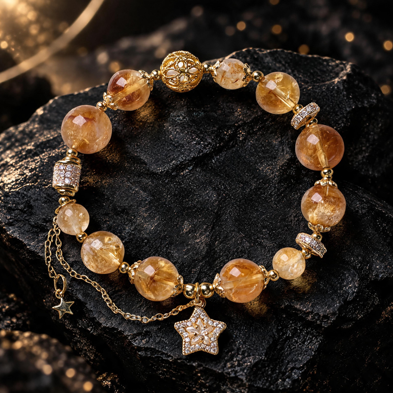 Yellow Azeztulite celestial star bracelet with zircon and gold-plated details