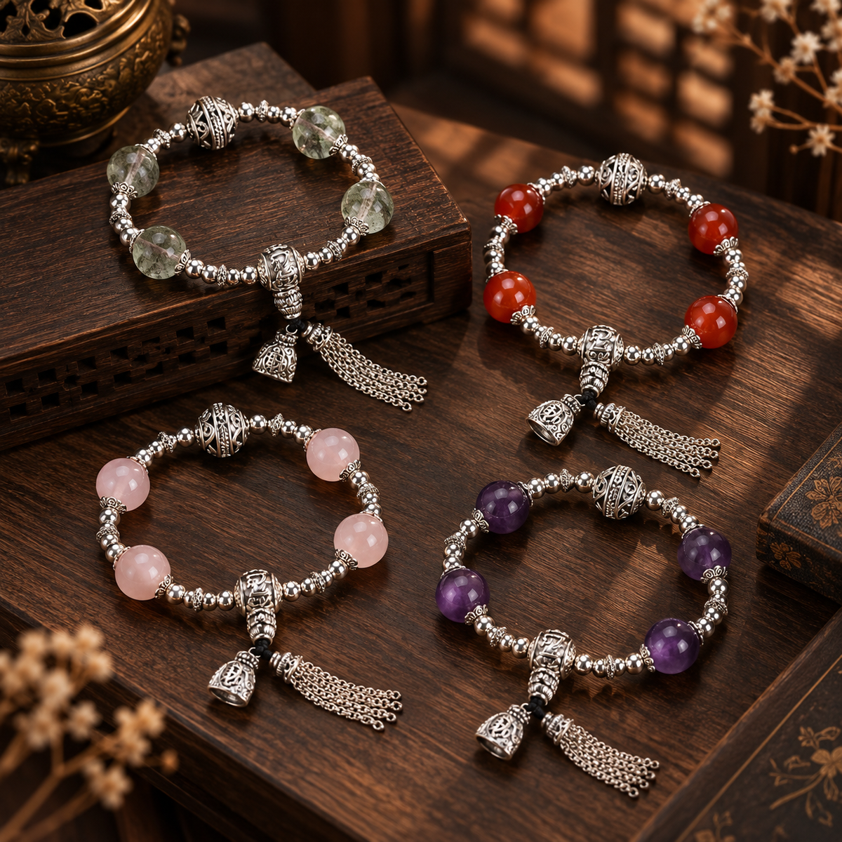 12mm natural gemstone tassel bracelets in four gemstone variations