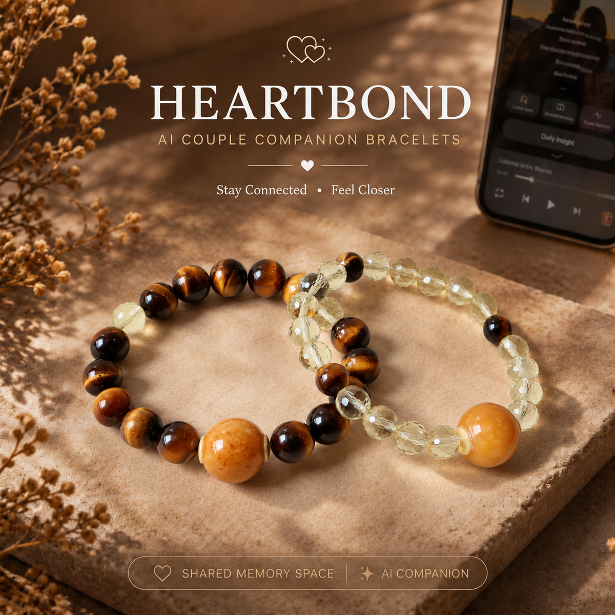 Heart Bond AI Couple Companion Bracelet featuring matching crystal bracelets with NFC connected AI space, shared memories, and emotional connection for couples