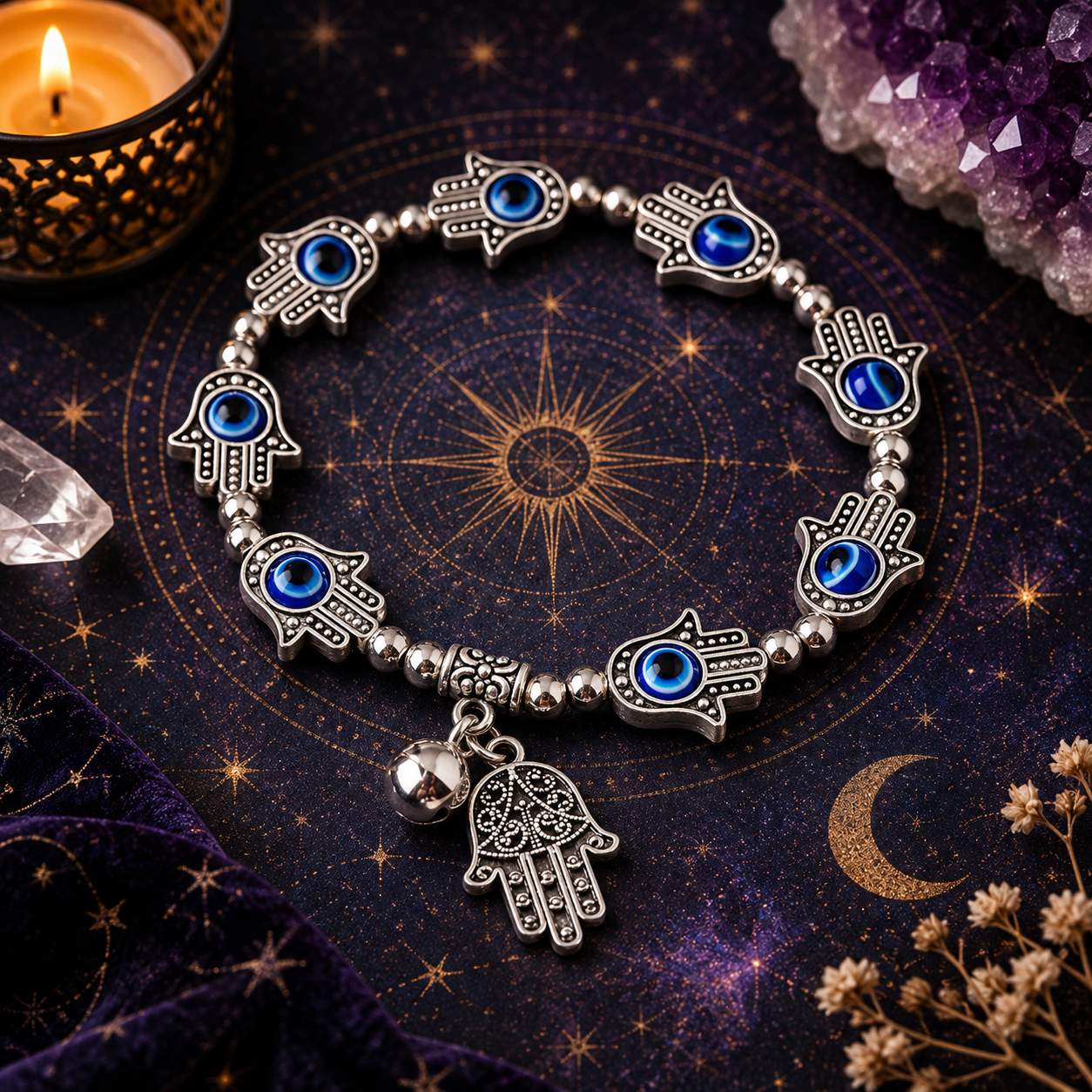 Hamsa hand bracelet featuring blue evil eye symbols and silver-tone details