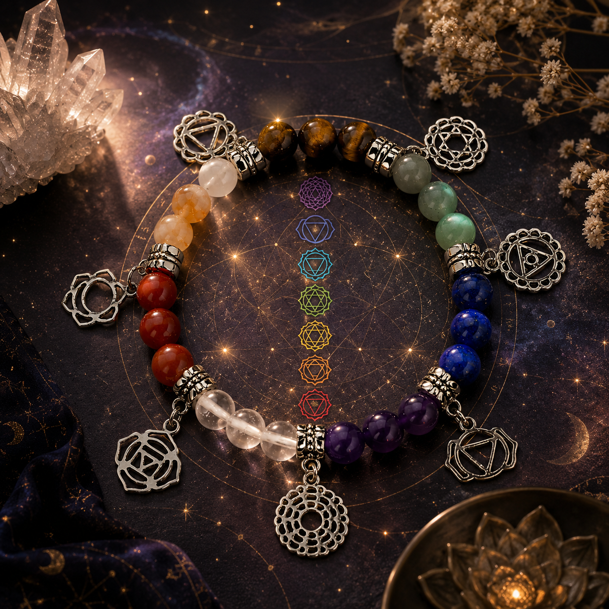 7 chakra bracelet with natural gemstone beads and silver chakra charms