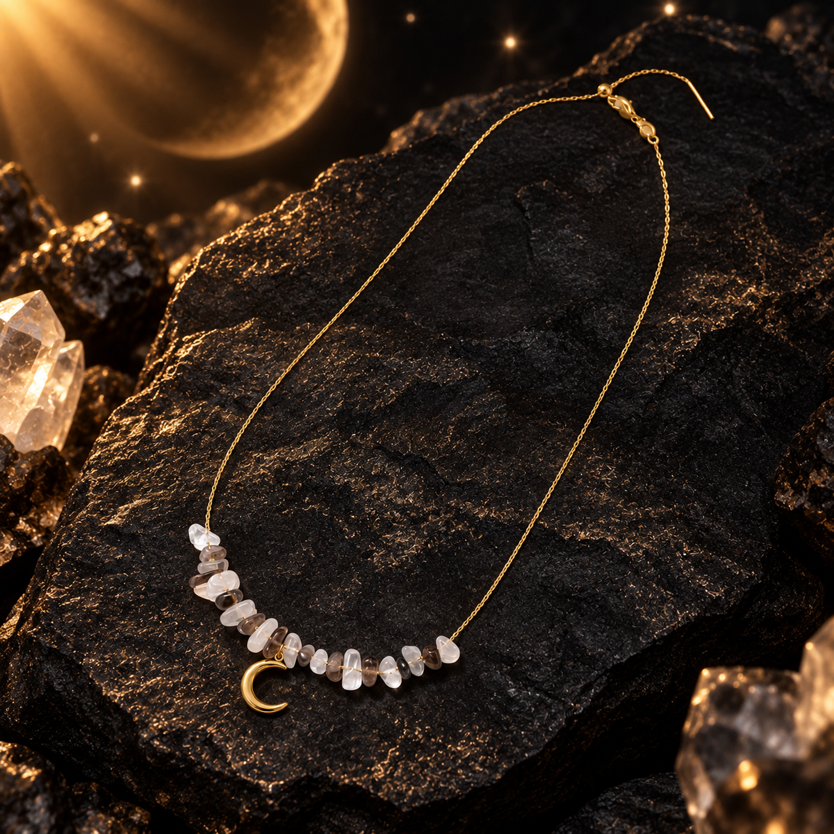 Gold-tone crescent moon necklace with natural crystal chips