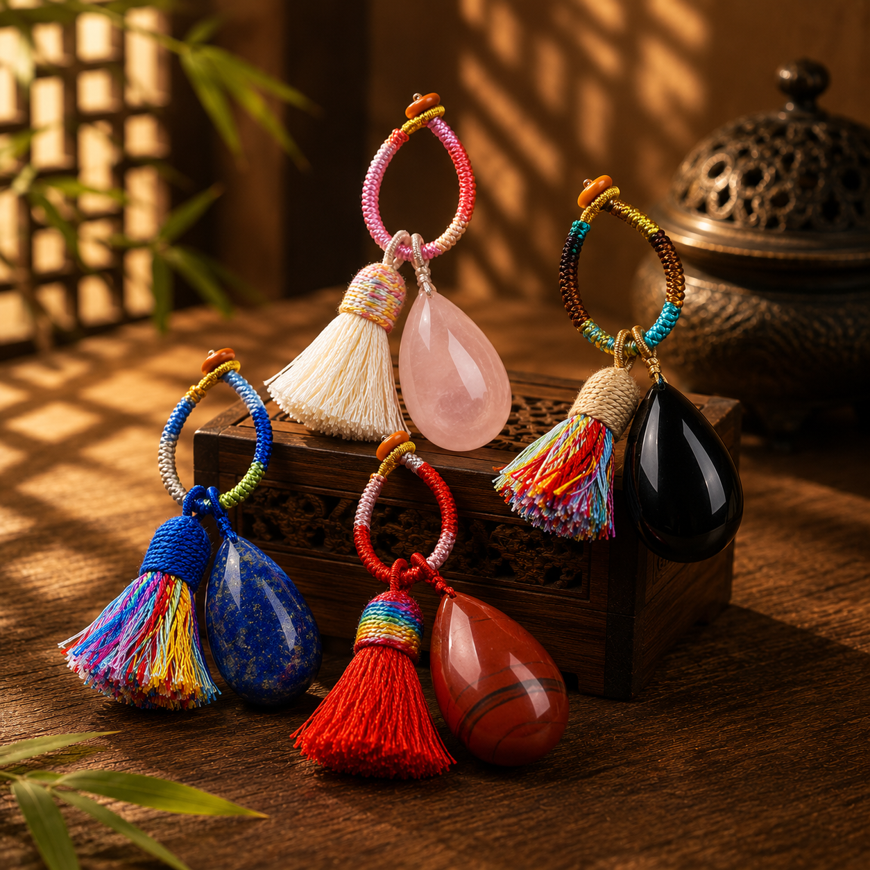 Natural crystal tassel bag charms and keychains in assorted gemstone options with handwoven cord