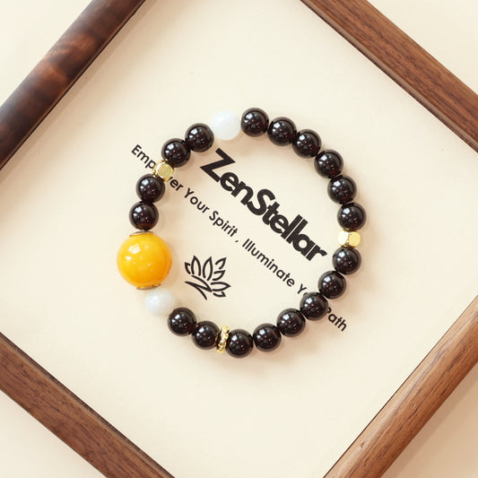 Ember Moon dark crystal AI Companion Bracelet displayed with Zenstellar card, crystal energy jewelry with NFC smart connection