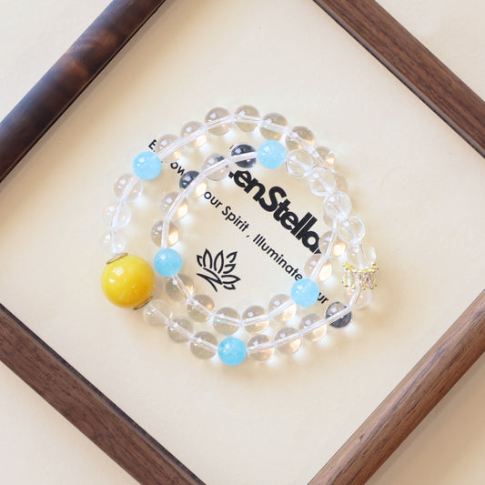 Aqua Veil aqua blue crystal AI Companion Bracelet displayed with Zenstellar card, crystal energy jewelry with NFC smart connection