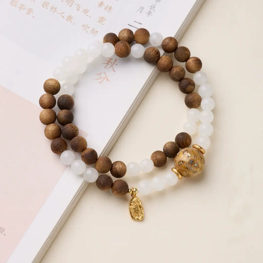Metal Five Elements bracelet with Qinan agarwood and White Hetian Jade