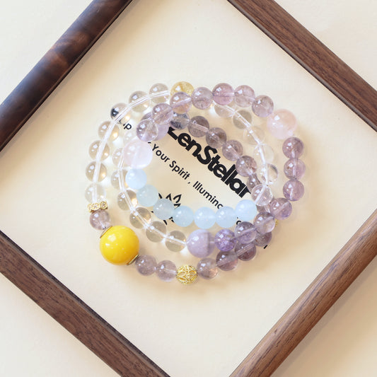 Celestial Flow amethyst crystal AI Companion Bracelet displayed with Zenstellar card, crystal energy jewelry with NFC smart connection