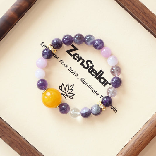 Violet Whisper purple crystal AI Companion Bracelet displayed with Zenstellar card, crystal energy jewelry with NFC smart connection