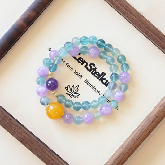 Crystal Veil aqua crystal AI Companion Bracelet displayed with Zenstellar card, crystal energy jewelry with NFC smart connection