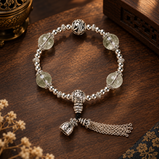 12mm Green Phantom Quartz gemstone tassel bracelet with silver-tone accents