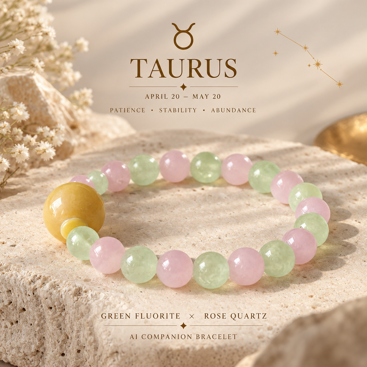 Taurus zodiac crystal bracelet with Prehnite and Rose Quartz AI Companion Core