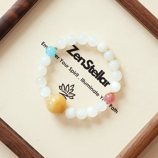 Lunar Bliss AI Companion Bracelet displayed on Zenstellar tray featuring natural crystals and AI connection bead details