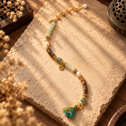 Hetian jade and agarwood bracelet with freshwater pearls and tassel