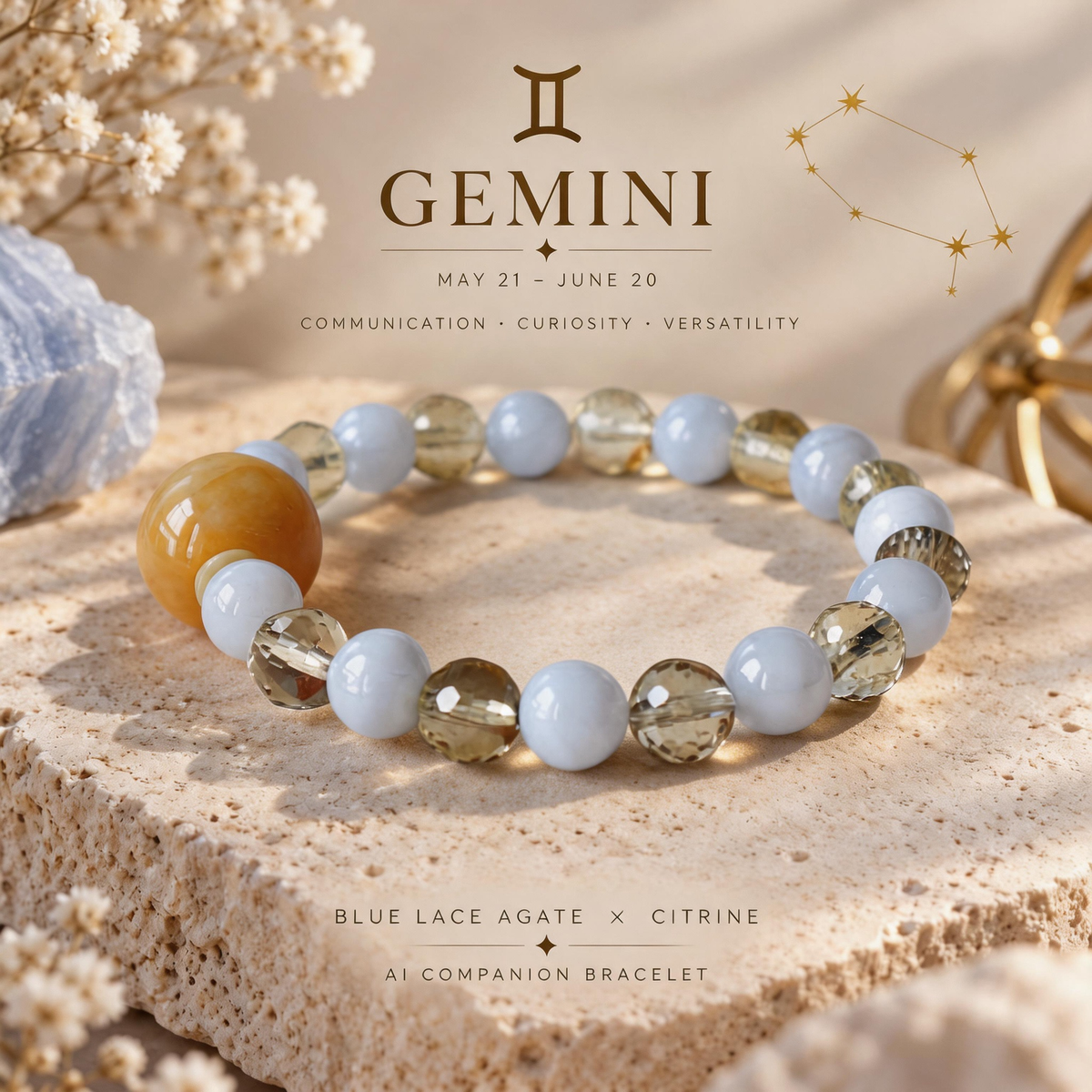 Gemini zodiac crystal bracelet with Blue Lace Agate and Faceted Citrine AI Companion Core