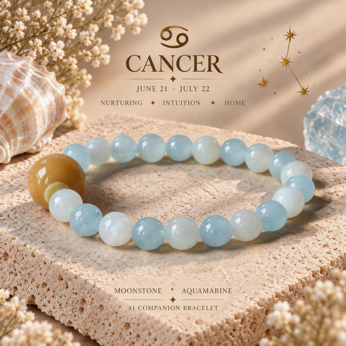 Cancer zodiac crystal bracelet with White Moonstone and Aquamarine AI Companion Core