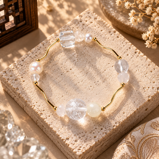 Metal Clarity Five Elements bracelet with White Azeztulite, Clear Quartz and freshwater pearl