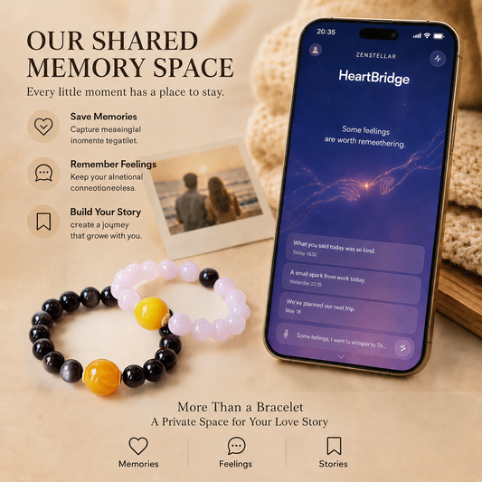 Shadow Bloom couple bracelet set showing AI Shared Memory Space for saving relationship memories and meaningful moments together