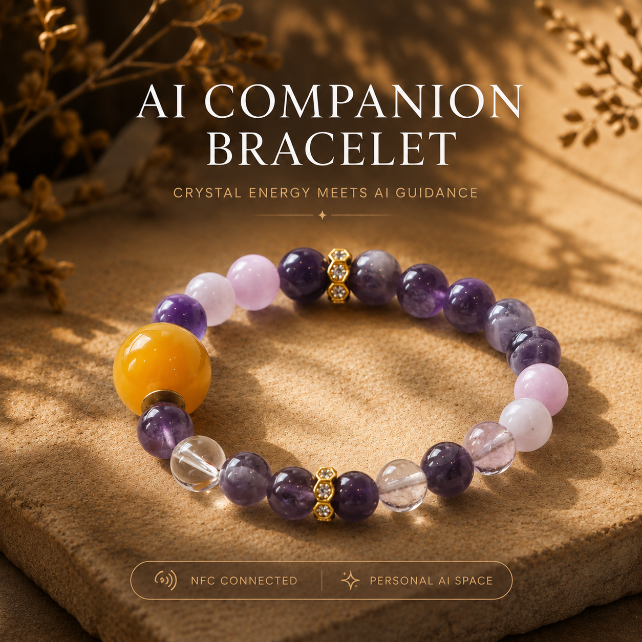 Violet Whisper Amethyst Kunzite peace crystal bracelet with AI companion experience
