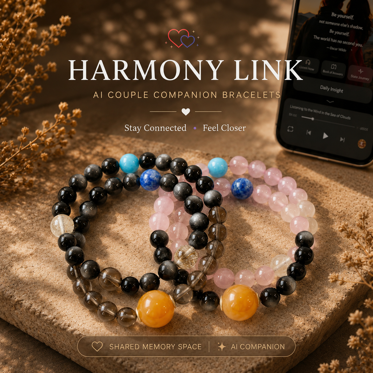 Harmony Link AI Couple Companion Bracelet set featuring matching crystal bracelets with NFC connected AI space, shared memory experience, and emotional connection for couples