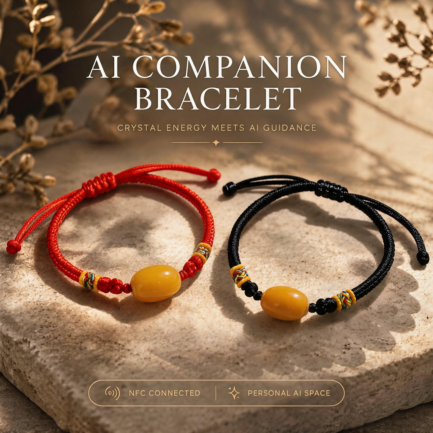 Red and black adjustable cord AI companion bracelets with yellow core bead