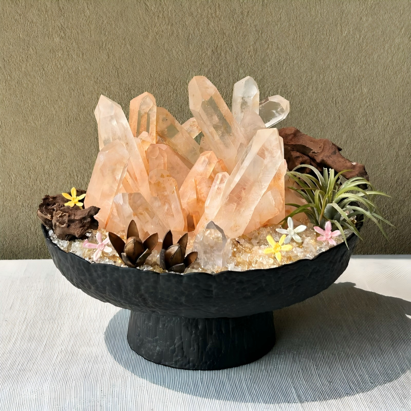 Amber Bloom Crystal Garden handcrafted with a natural quartz crystal cluster in a ceramic display bowl