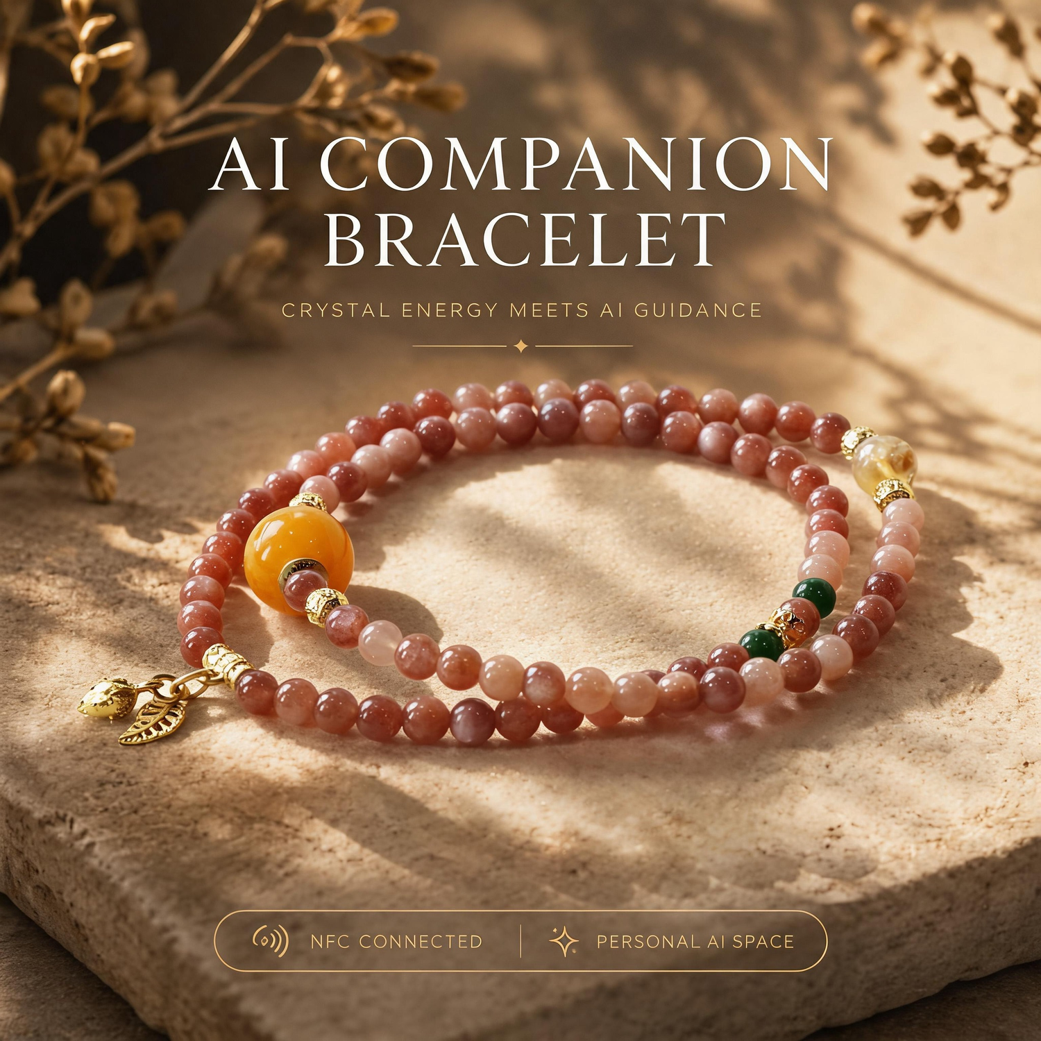 Auric Hue Crest Crystal Bracelet crafted with Orange Moonstone, Chalcedony, and Yellow Phantom Quartz displayed on warm natural stone background with soft sunlight aesthetic