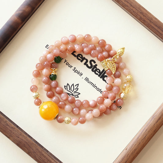 Auric Hue Crest AI Companion Bracelet displayed on Zenstellar presentation card with warm ambient lighting highlighting Orange Moonstone and Phantom Quartz crystal energy design