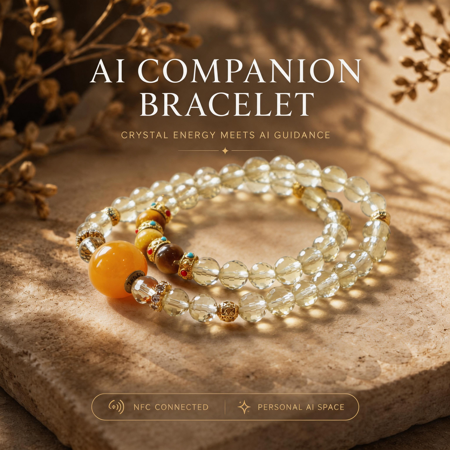 Golden Horizon AI Companion Bracelet crafted with faceted citrine, golden tiger eye, and signature NFC smart companion bead