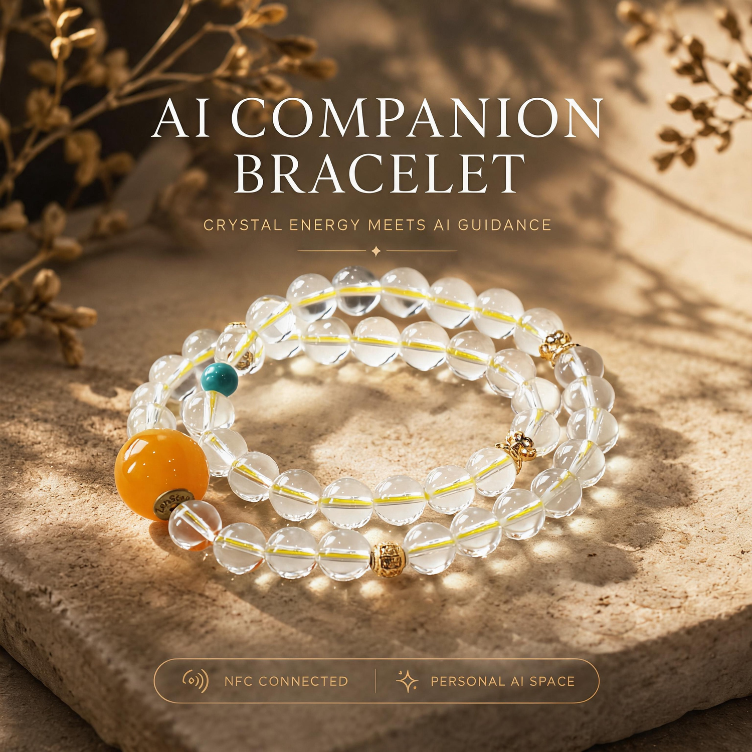 Ivory River Solace Crystal Bracelet crafted with White Quartz and Dyed Turquoise with signature AI companion bead displayed on warm natural stone background