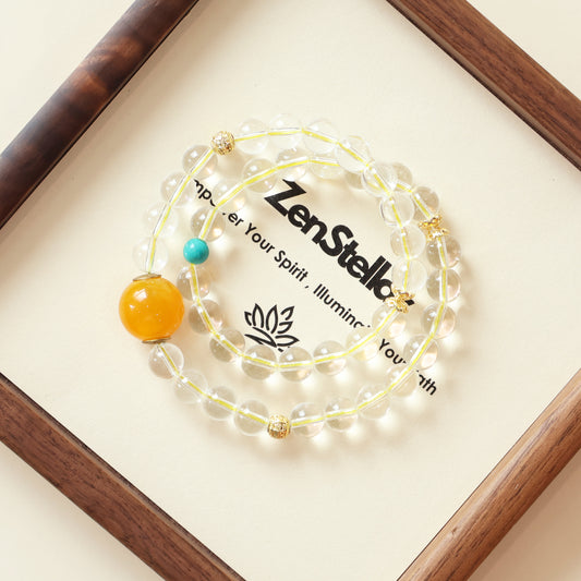 Ivory River Solace AI Companion Bracelet displayed on Zenstellar presentation card with warm ambient lighting highlighting White Quartz and Dyed Turquoise crystal design
