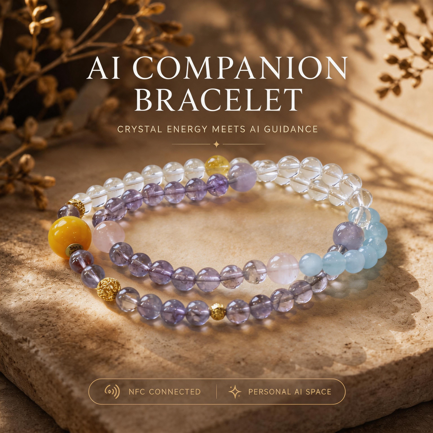 Celestial Flow Amethyst Clear Quartz harmony crystal bracelet with AI companion experience