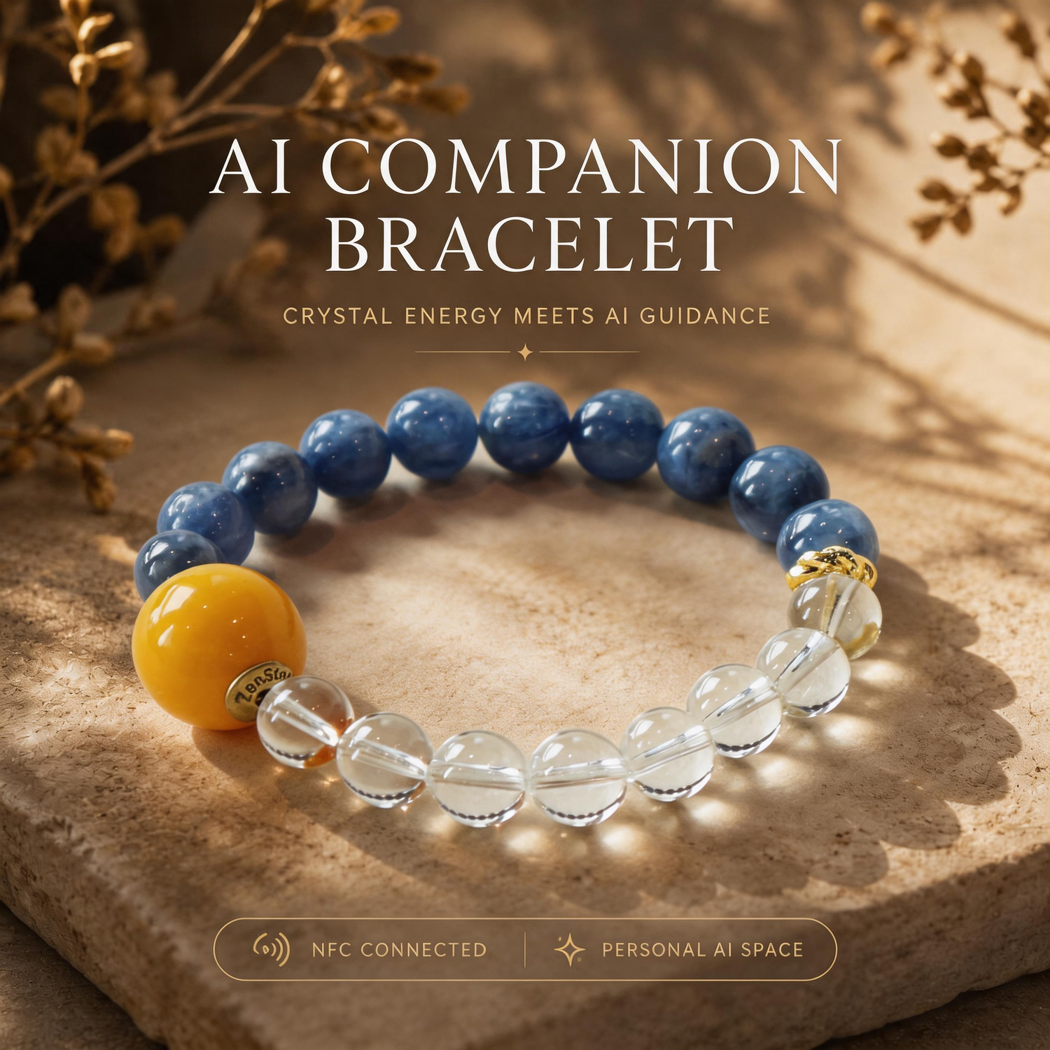 Sky Clarity Kyanite Clear Quartz focus crystal bracelet with AI companion experience