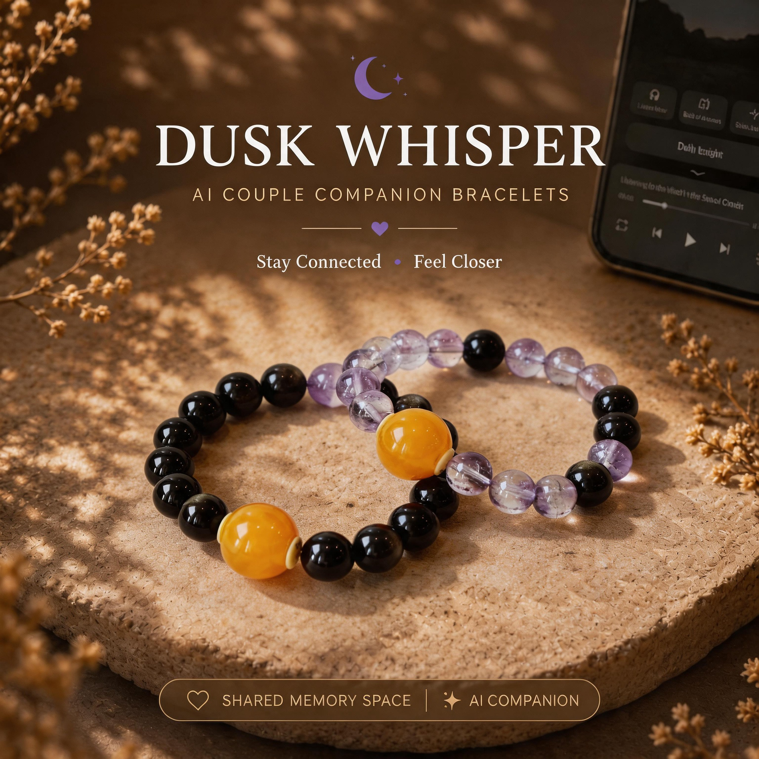 Dusk Whisper AI Couple Companion Bracelet set featuring matching black and purple crystal bracelets with NFC connected AI space, shared memory experience, and emotional connection for couples