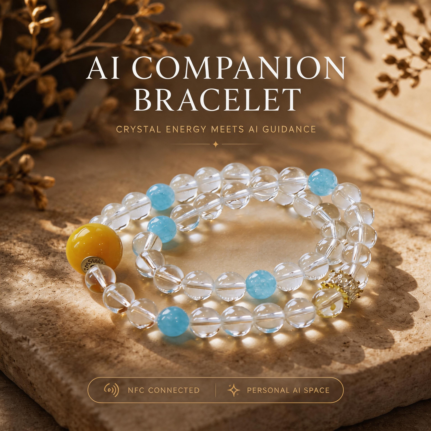 Aqua Veil Clear Quartz clarity crystal bracelet with AI companion experience