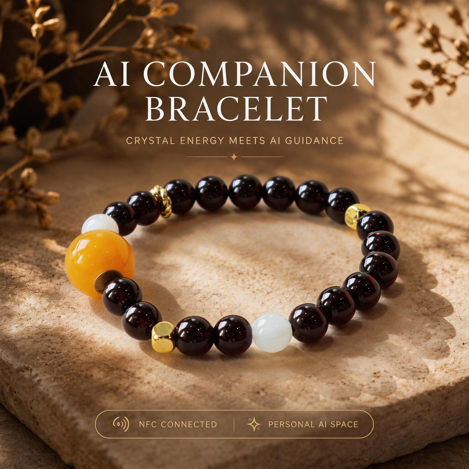 Ember Moon Garnet passion crystal bracelet with AI companion experience