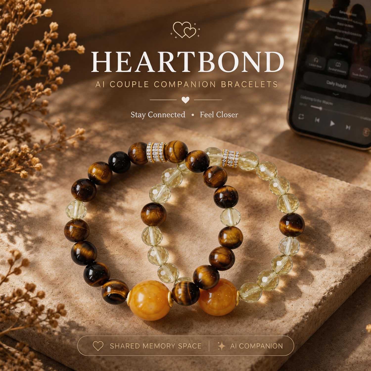 Dusk Whisper AI Couple Companion Bracelet featuring matching crystal bracelets with NFC connected AI space, shared memories, and emotional connection for couples