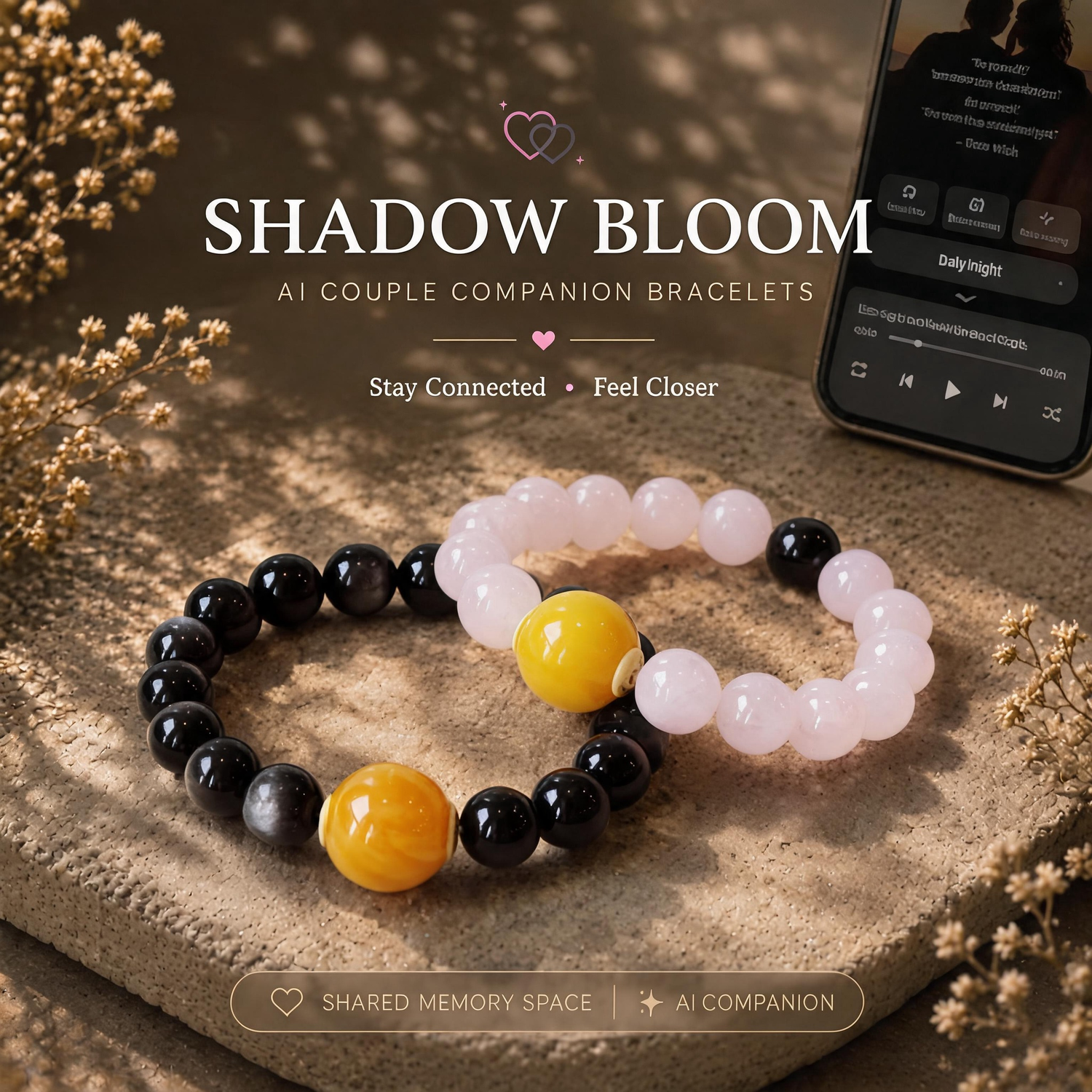Shadow Bloom AI Couple Companion Bracelet Set with Silver Obsidian and Rose Quartz crystals featuring shared memory AI companion experience