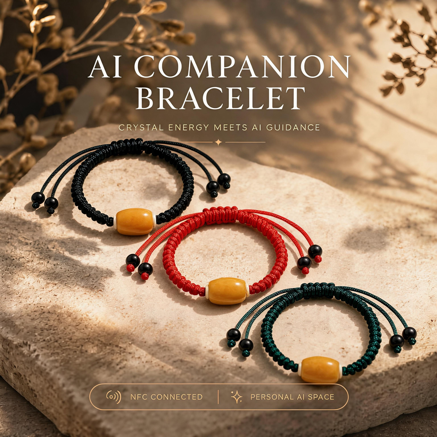 Black red and green woven cord AI companion bracelets with yellow core beads
