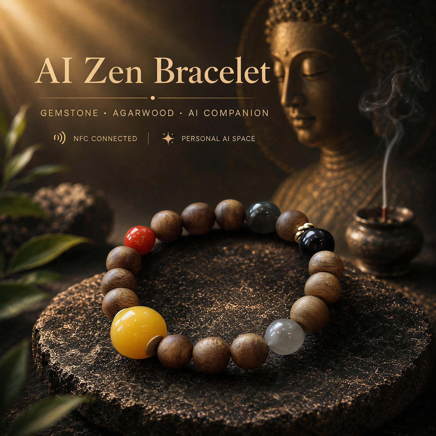 Eastern Wisdom Agarwood Crystal Bracelet featuring natural agarwood beads, red agate, green phantom quartz, silver obsidian and colorful crystals