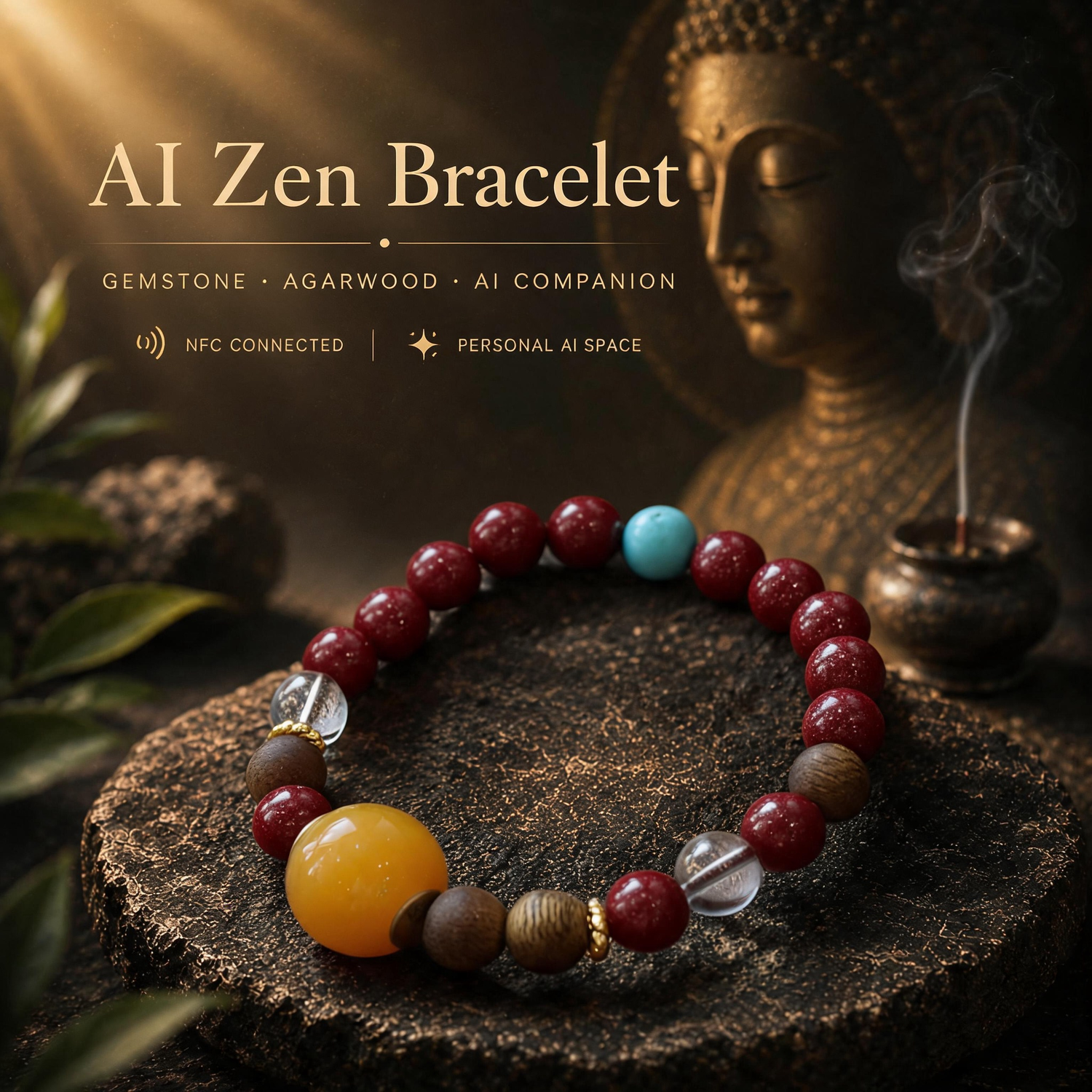 Agarwood and Cinnabar Bracelet with Clear Quartz and Stabilized Turquoise Accents AI Companion Crystal Bracelet