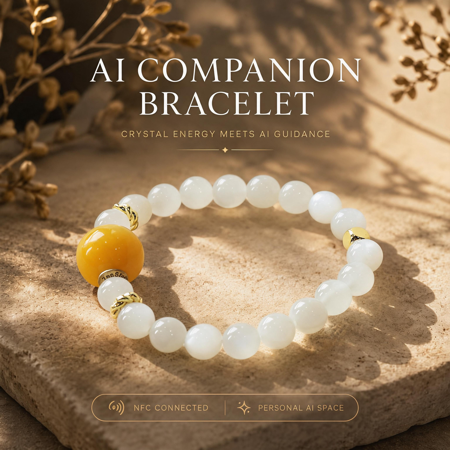 Moonlit Whisper Tranquility White Moonstone AI Companion Bracelet featuring natural White Moonstone gemstones and Zenstellar NFC companion bead.