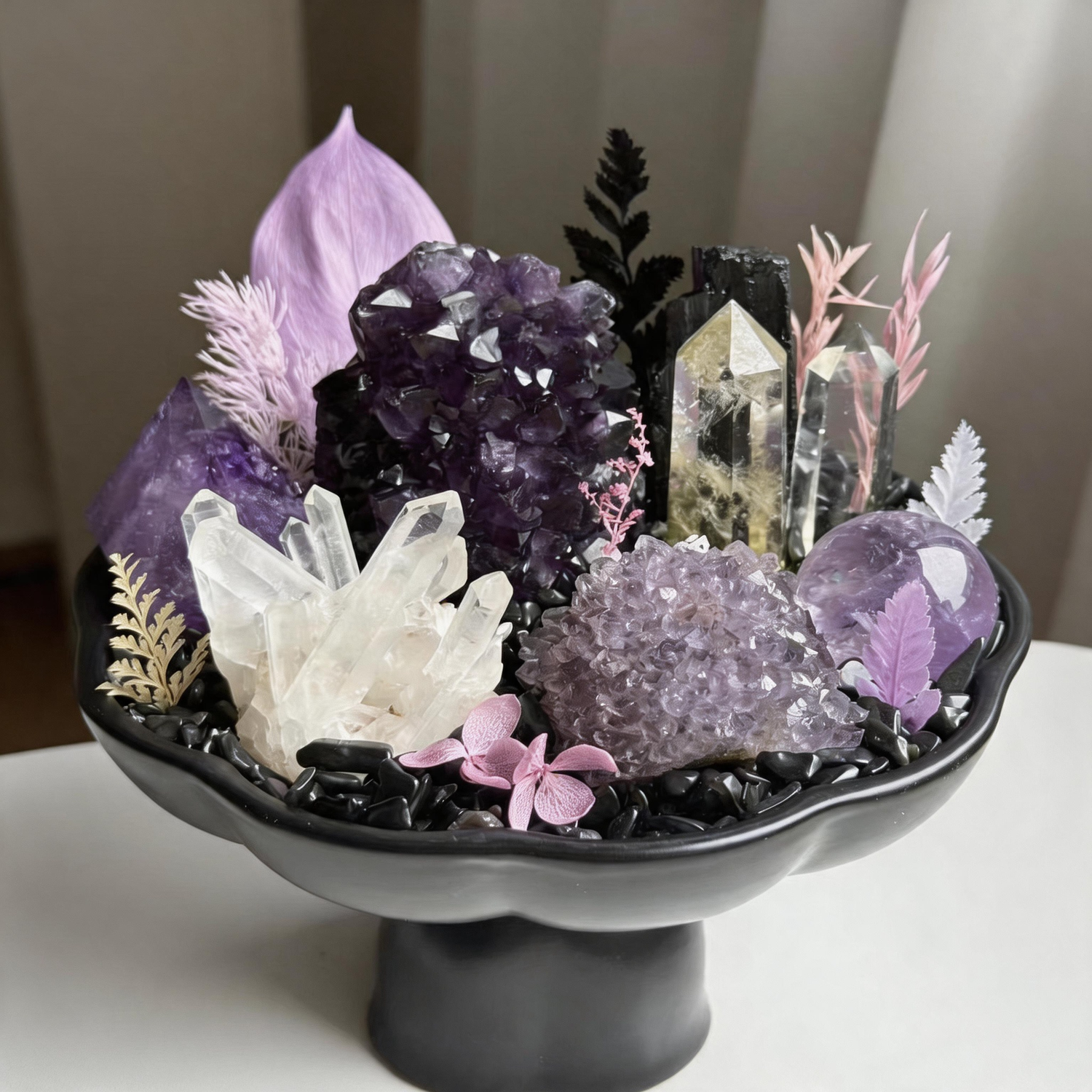 Handcrafted Nocturne Haven Crystal Garden with natural Uruguayan Amethyst, Brazilian Amethyst, Citrine Tower, Clear Quartz Cluster, Black Tourmaline, and Obsidian in a ceramic display bowl