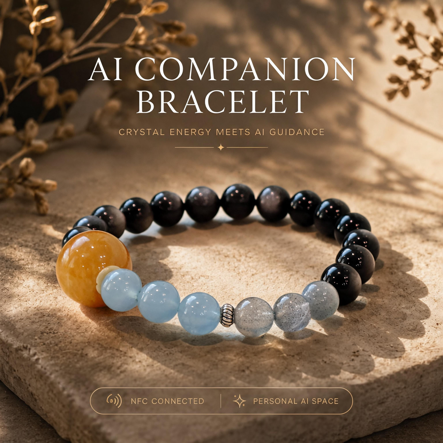 Nocturne Tide Essence Crystal Bracelet crafted with Silver Obsidian, Aquamarine, and Gray Moonstone gemstones with signature AI companion bead displayed on warm natural stone background
