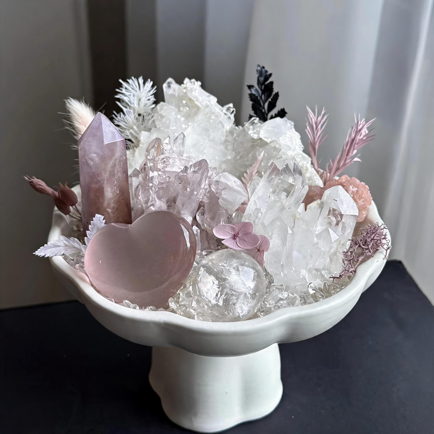 Roselle Haven Crystal Garden handcrafted with Himalayan Quartz, Madagascar Quartz, Pink Fluorite, Pink Crystal Cluster, Clear Quartz Sphere, and Pink Cat's Eye Heart