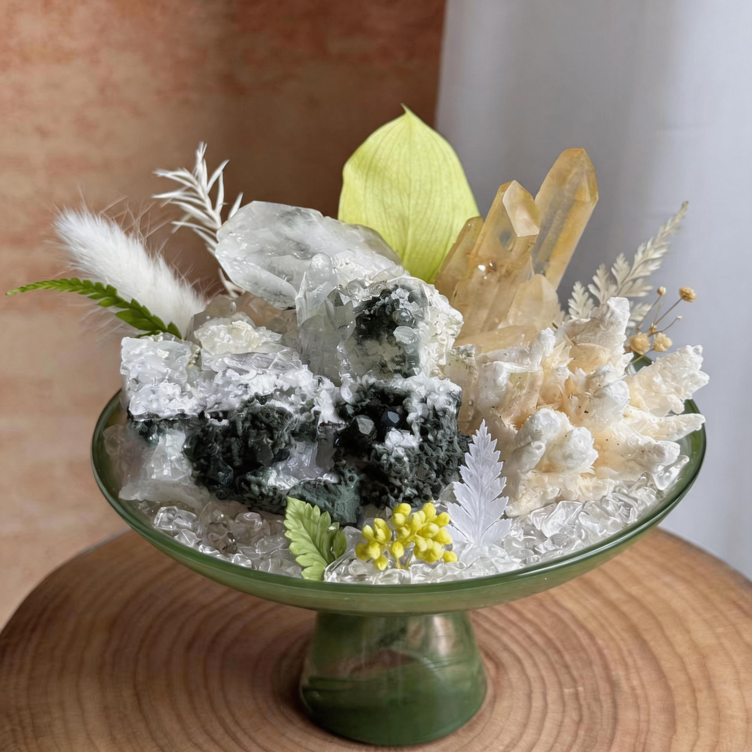 Handcrafted Verdant Stillness Crystal Garden with Green Phantom Quartz, Citrine Points, Zeolite Cluster, and Clear Quartz Chips in a ceramic display bowl
