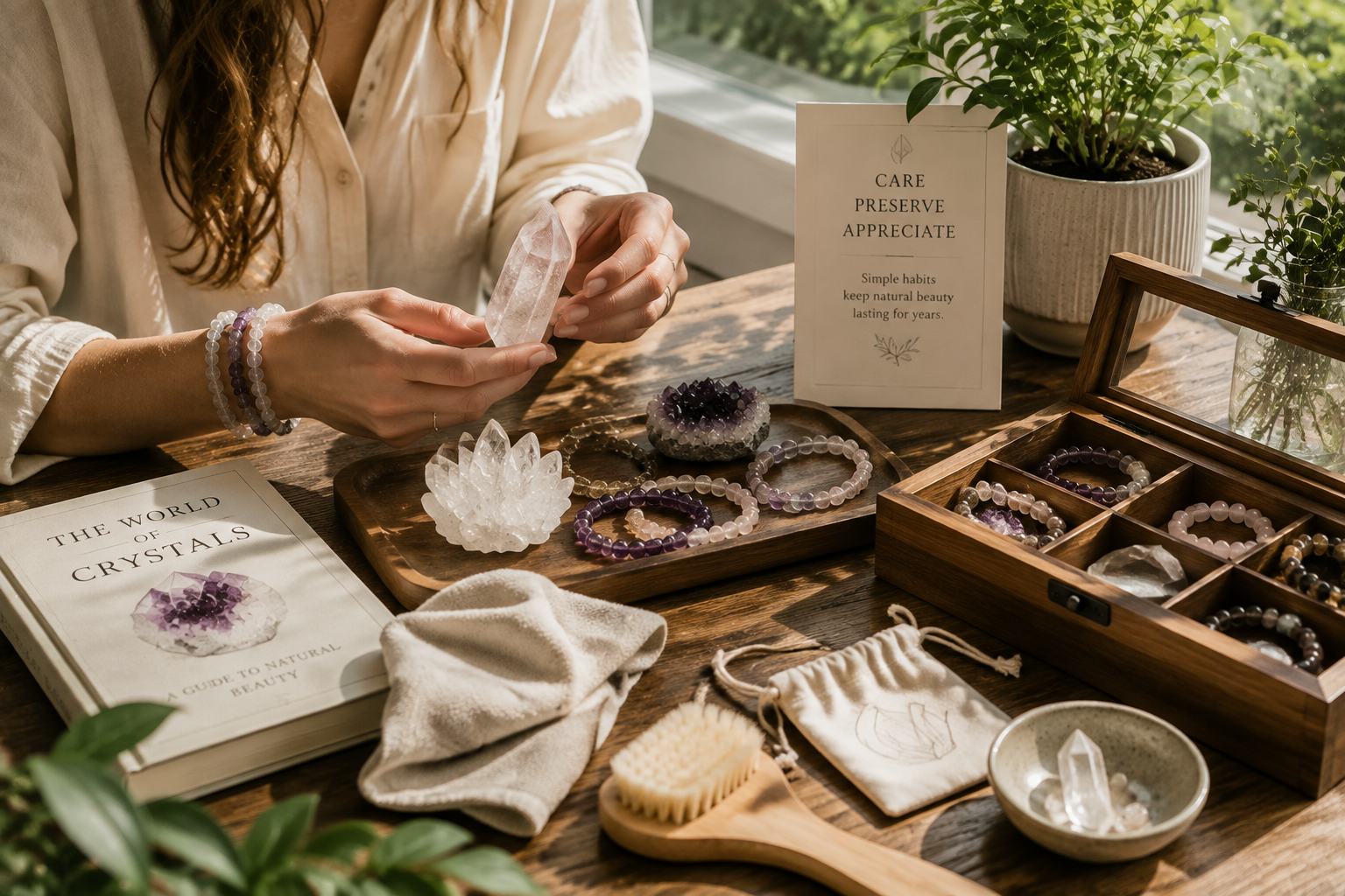 Natural crystal care guide featuring quartz crystals, gemstone bracelets, cleaning tools, and storage accessories in a peaceful home setting