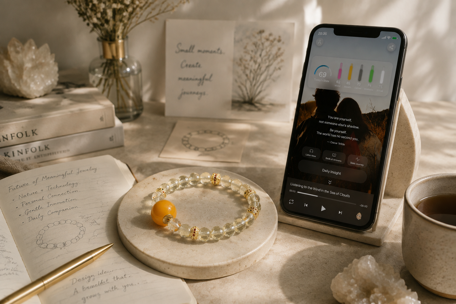 AI companion bracelet with natural crystal beads displayed beside a smartphone experience, journal, and crystal elements representing the future of meaningful jewelry