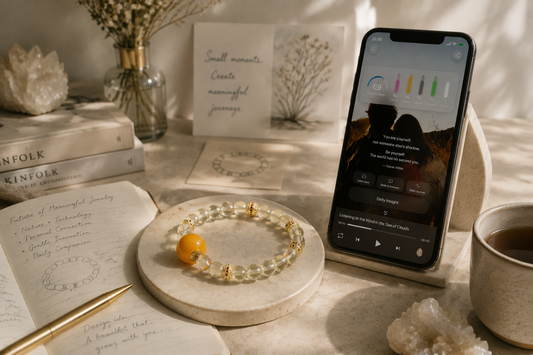 AI companion bracelet with natural crystal beads displayed beside a smartphone experience, journal, and crystal elements representing the future of meaningful jewelry