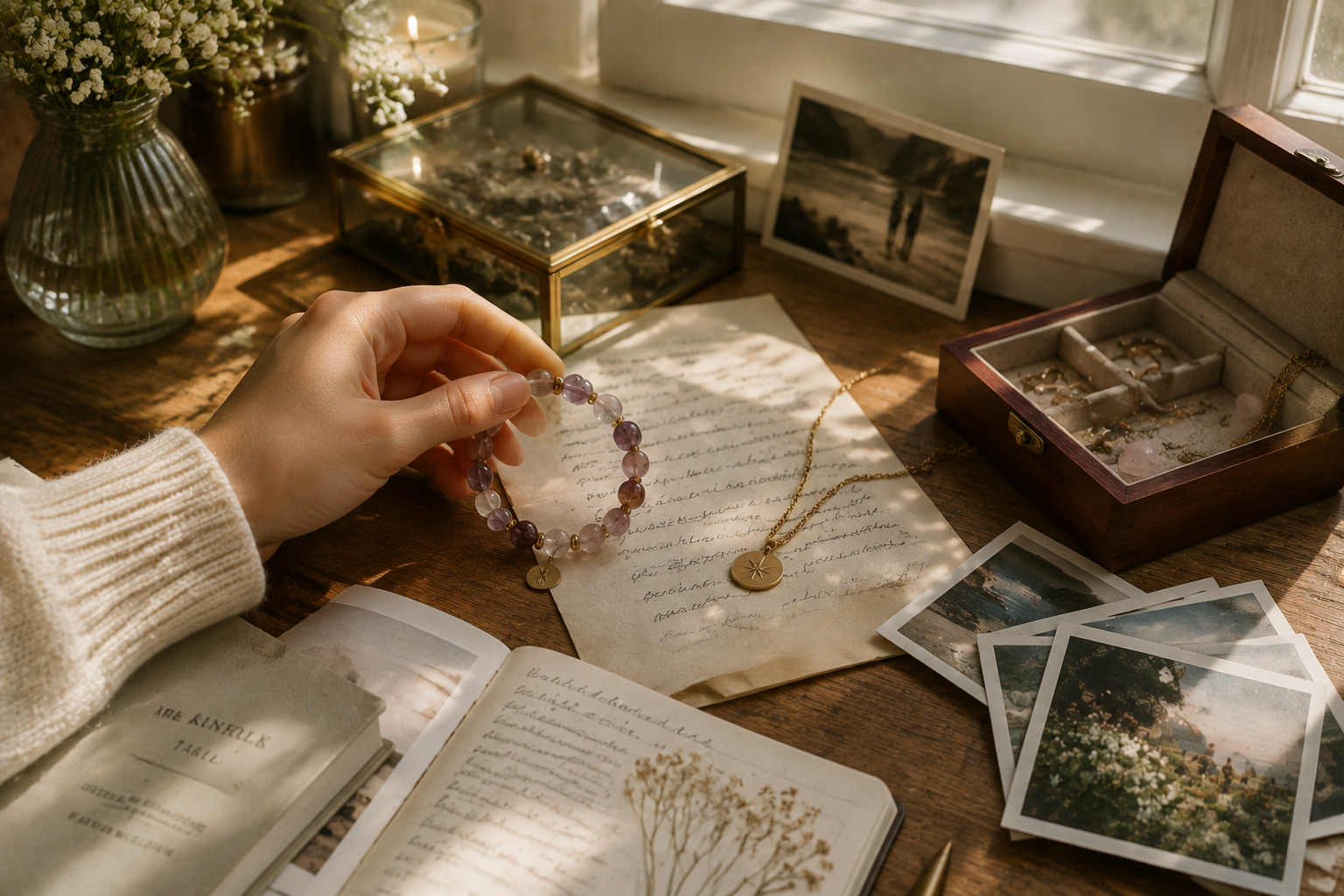 Meaningful jewelry with a natural crystal bracelet, handwritten letters, photographs, and personal keepsakes creating a story-filled lifestyle scene
