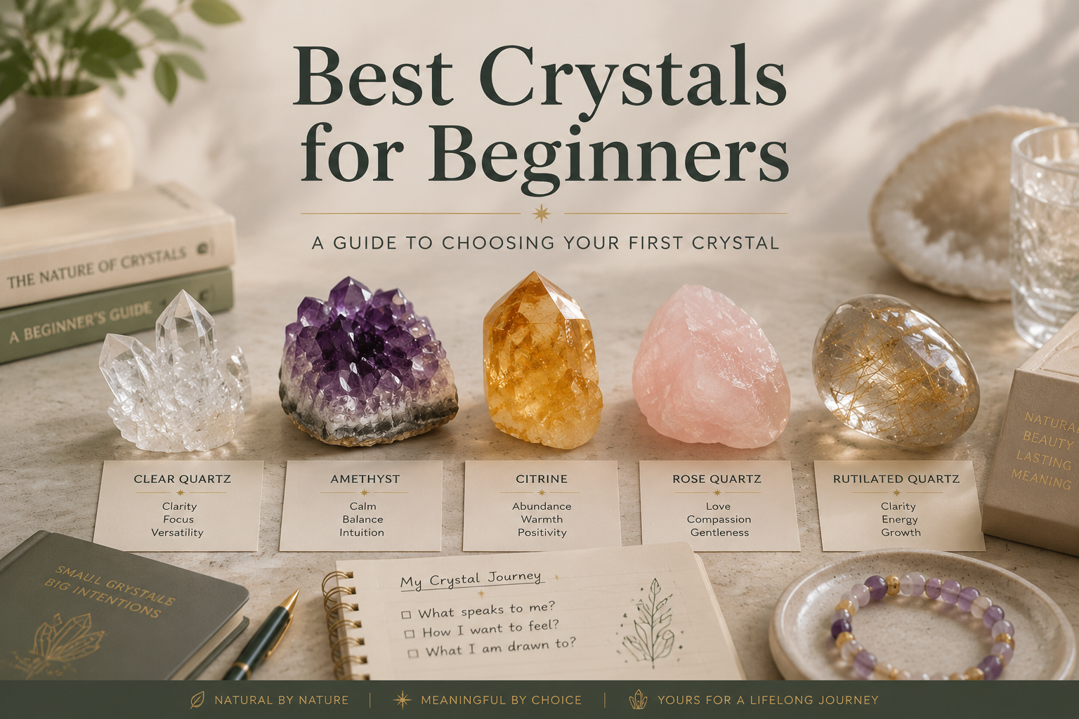 Best crystals for beginners featuring clear quartz, amethyst, citrine, rose quartz, and rutilated quartz in a natural crystal guide setup
